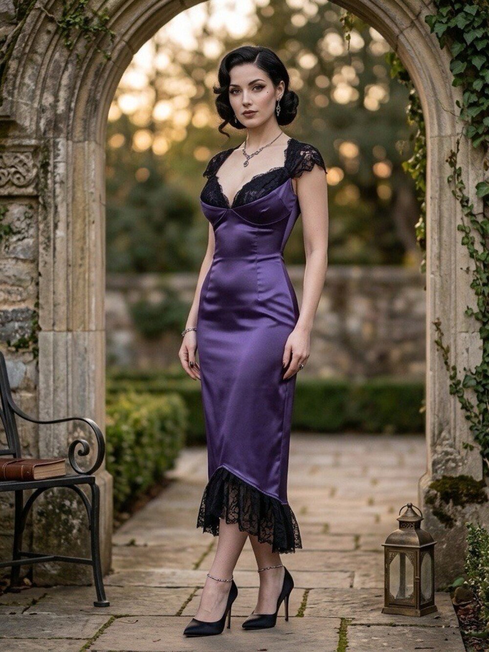 Laura Byrnes Y2K sz L Isabel Wiggle Purple Pin Up Satin Lace Black Label Dress